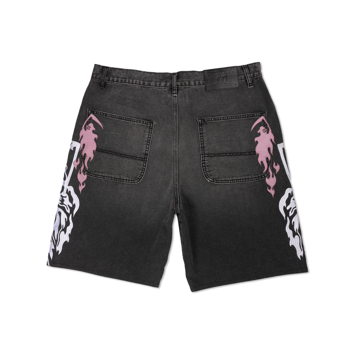 Reaper Applique Baggy Moto Jean Shorts - Black