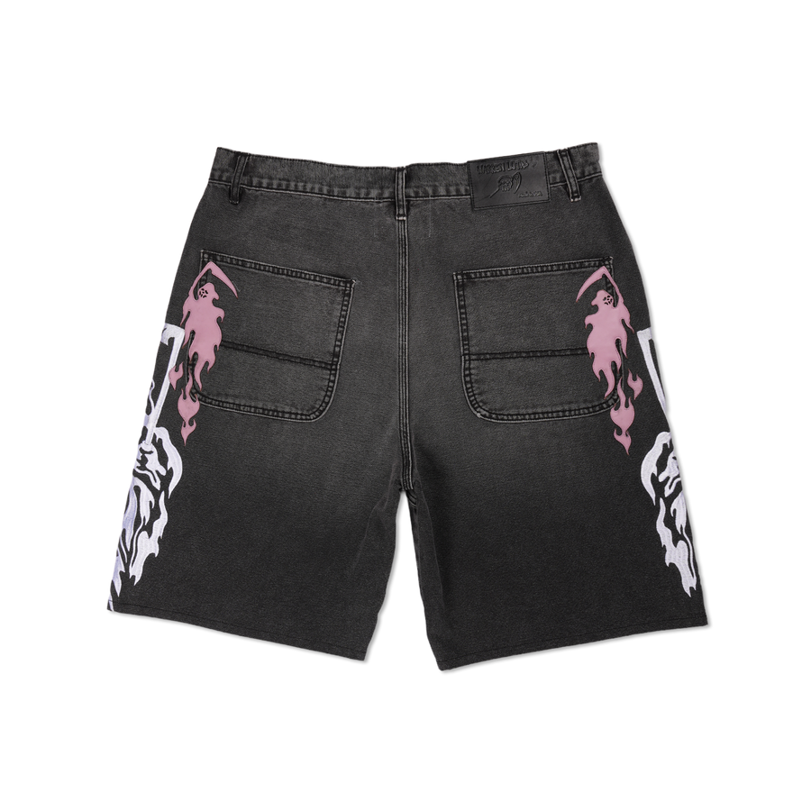 Reaper Applique Baggy Moto Jean Shorts - Black