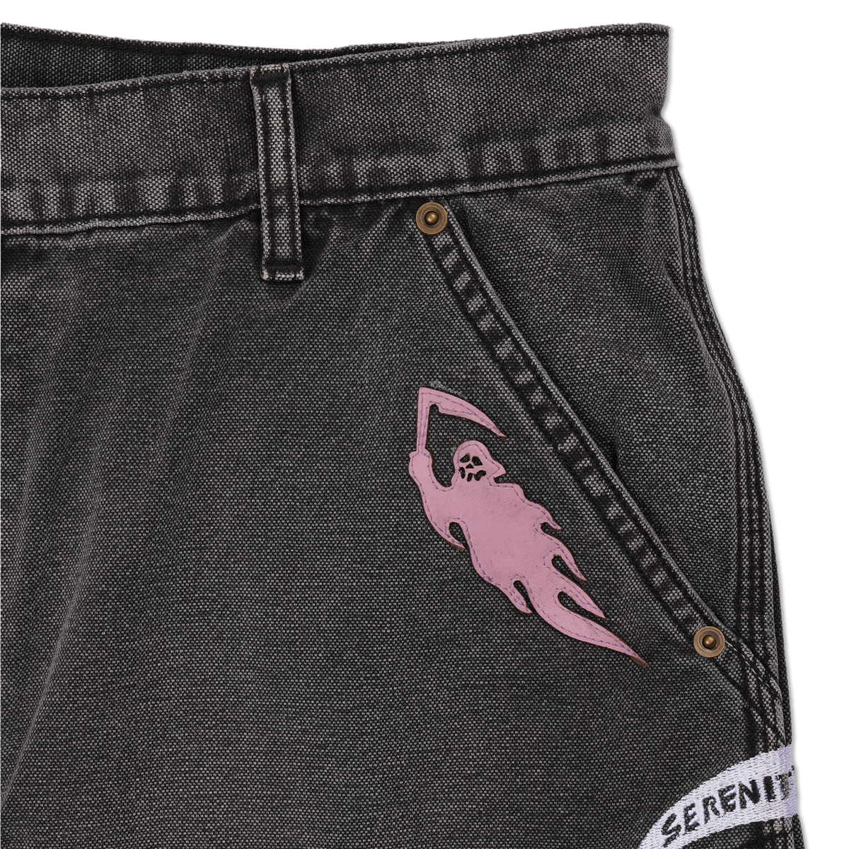 Reaper Applique Baggy Moto Jean Shorts - Black