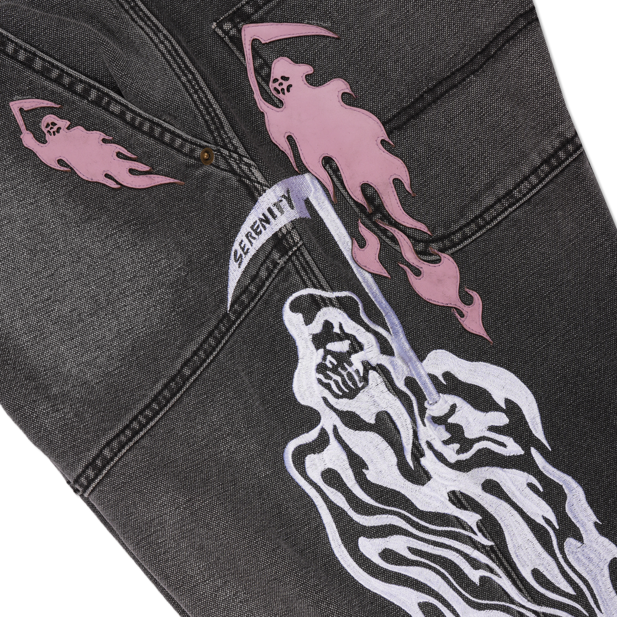 Reaper Applique Baggy Moto Jean Shorts - Black