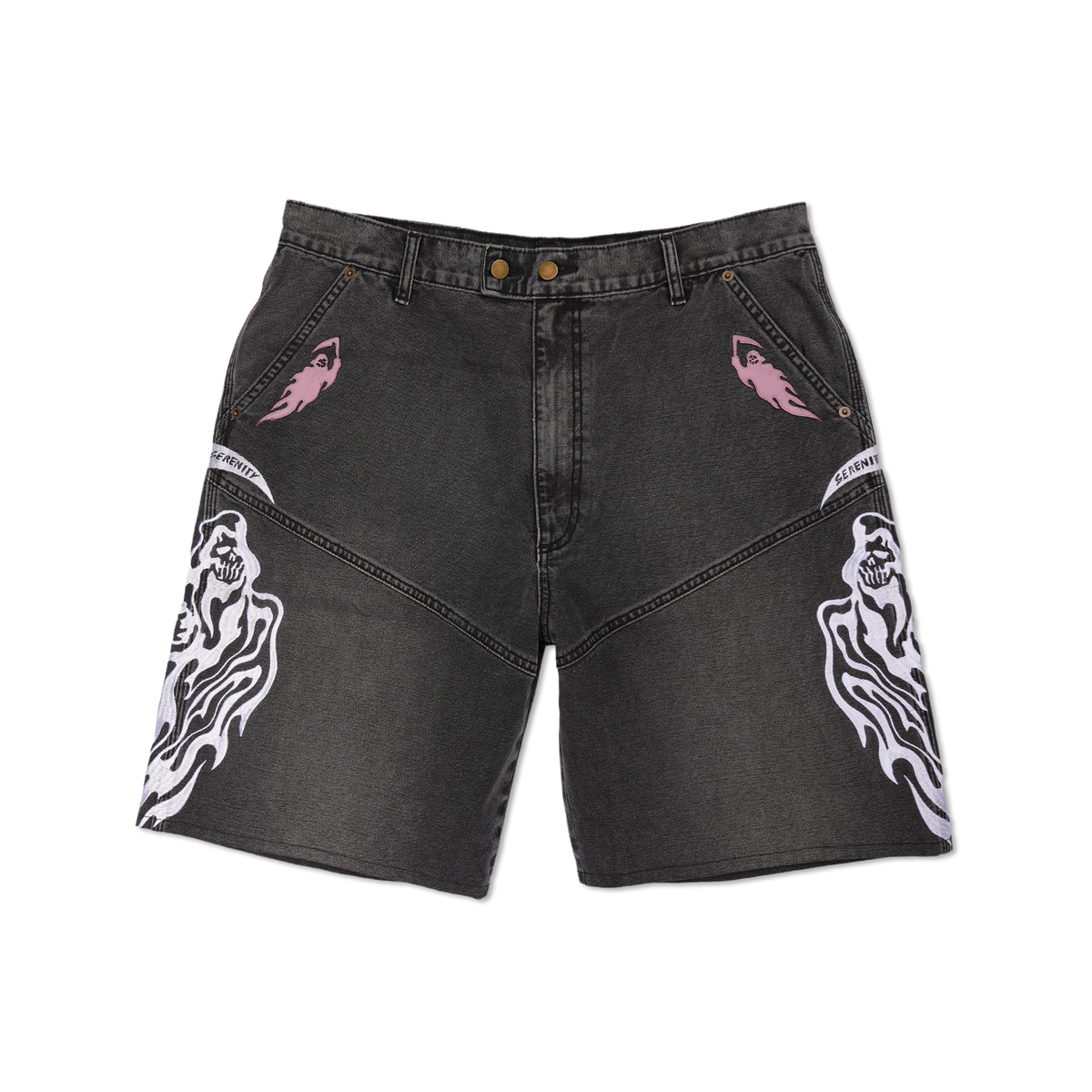 Reaper Applique Baggy Moto Jean Shorts - Black
