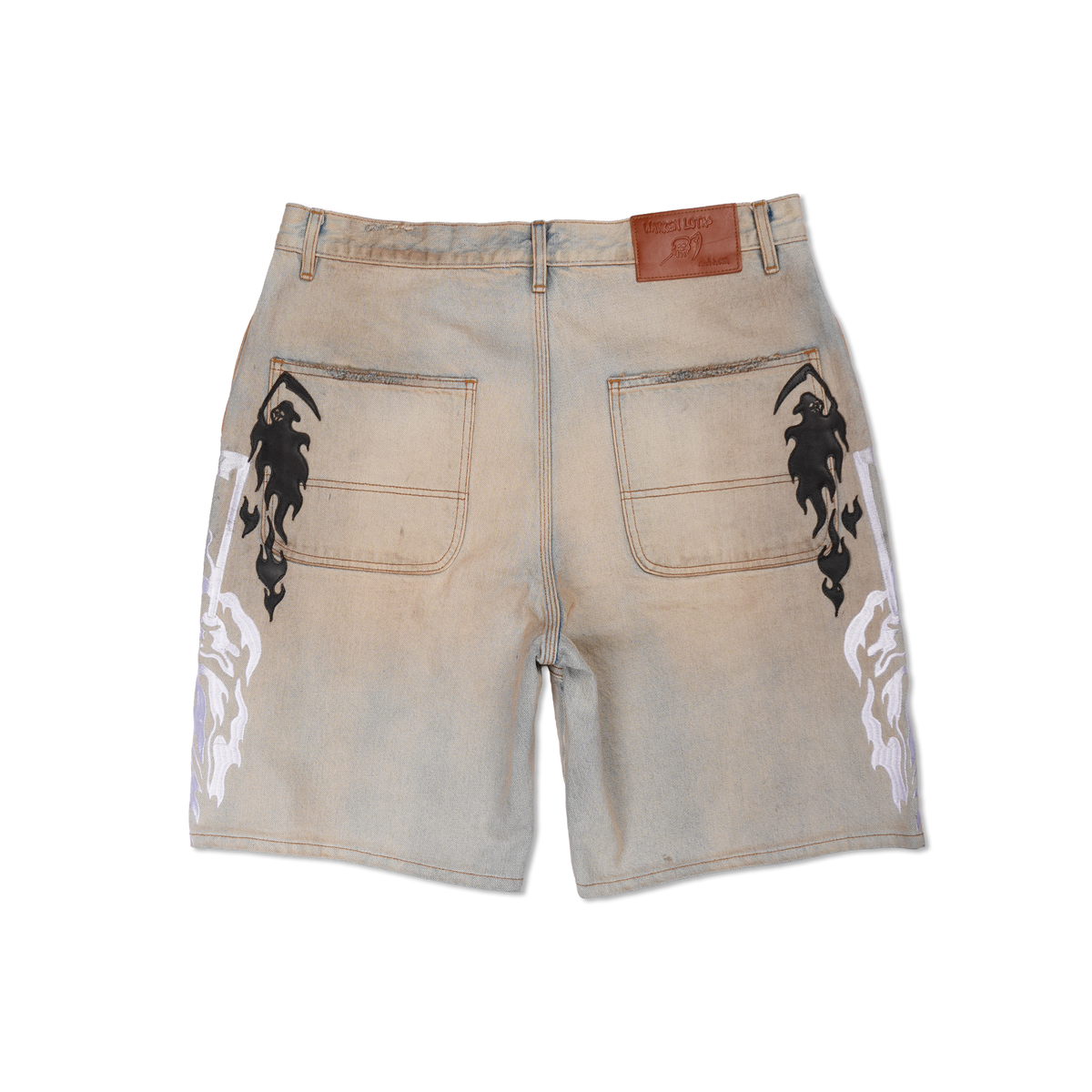 Reaper Applique Baggy Moto Jean Shorts - Dirty Blue