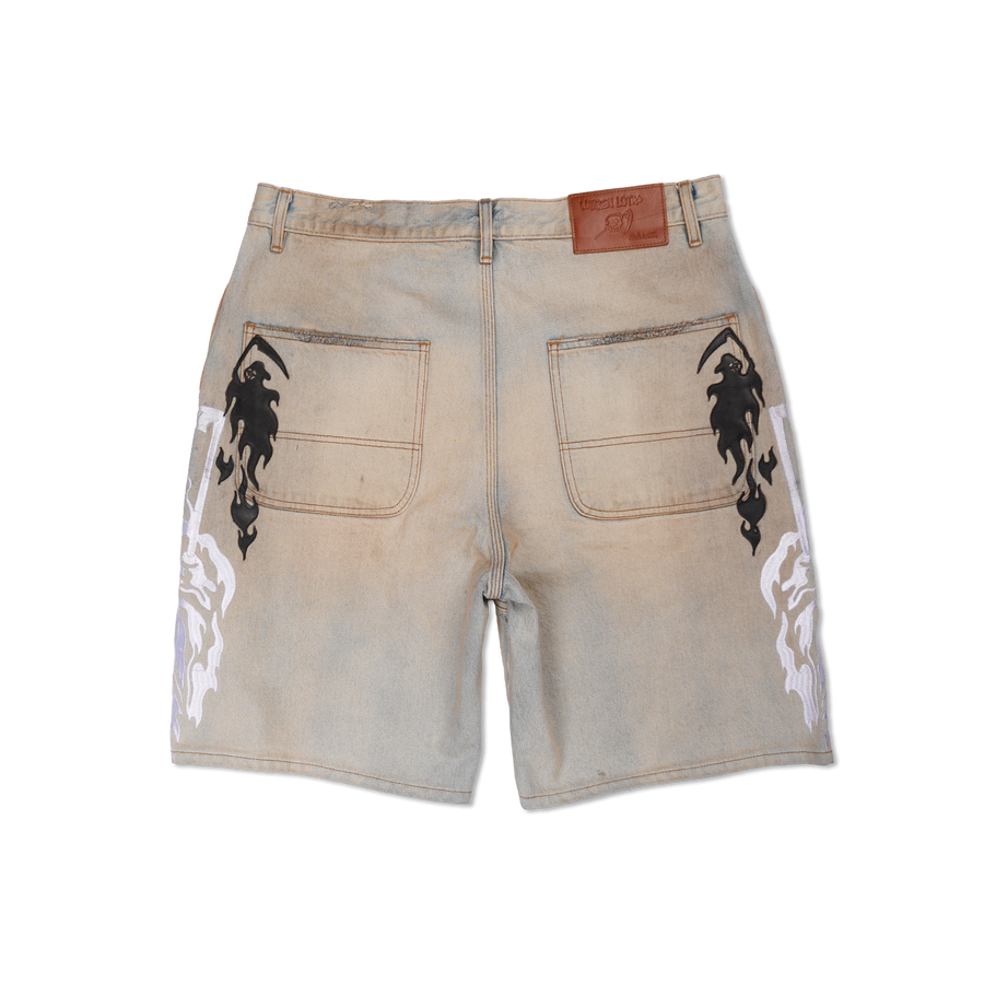 Reaper Applique Baggy Moto Jean Shorts - Dirty Blue