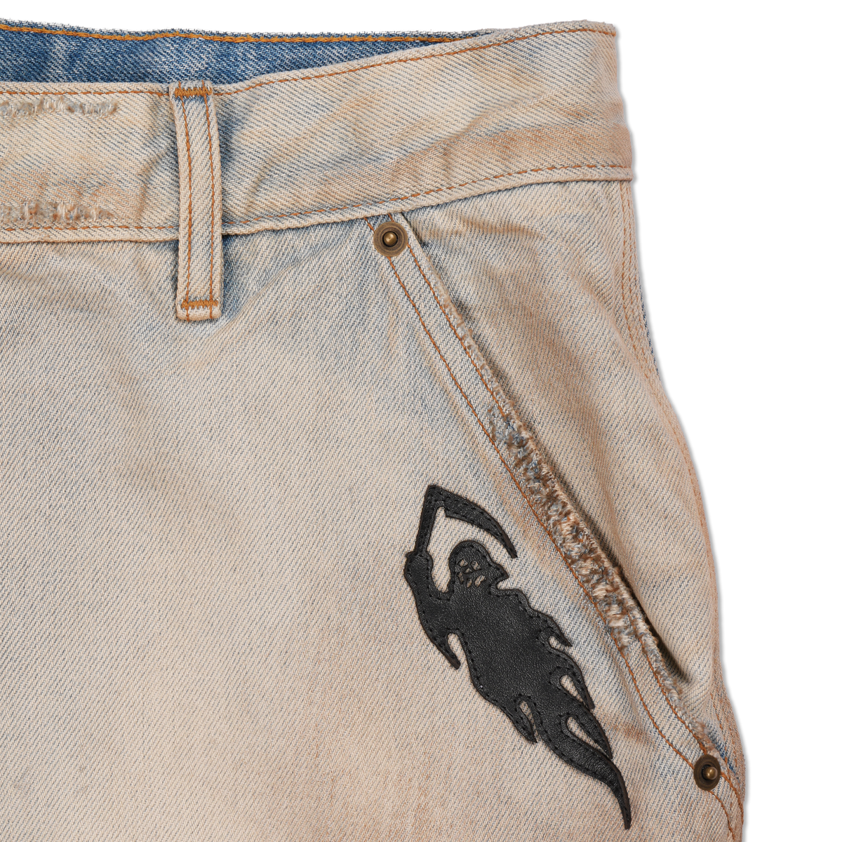 Reaper Applique Baggy Moto Jean Shorts - Dirty Blue
