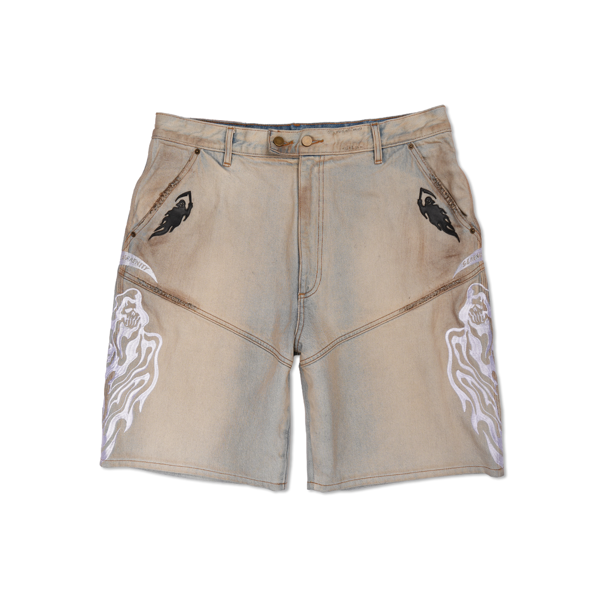 Reaper Applique Baggy Moto Jean Shorts - Dirty Blue