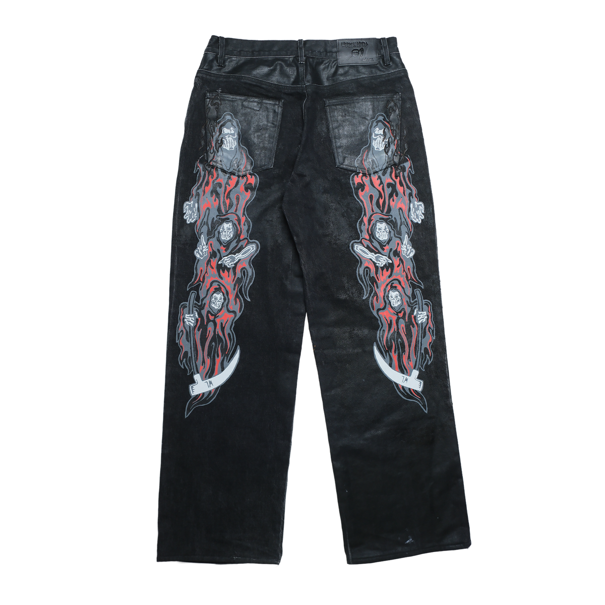 Leather Applique Baggy Printed Jeans - Black Plastisol