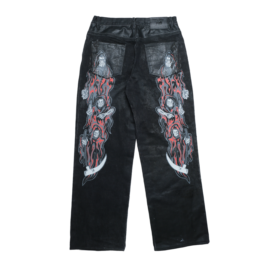 Leather Applique Baggy Printed Jeans - Black Plastisol