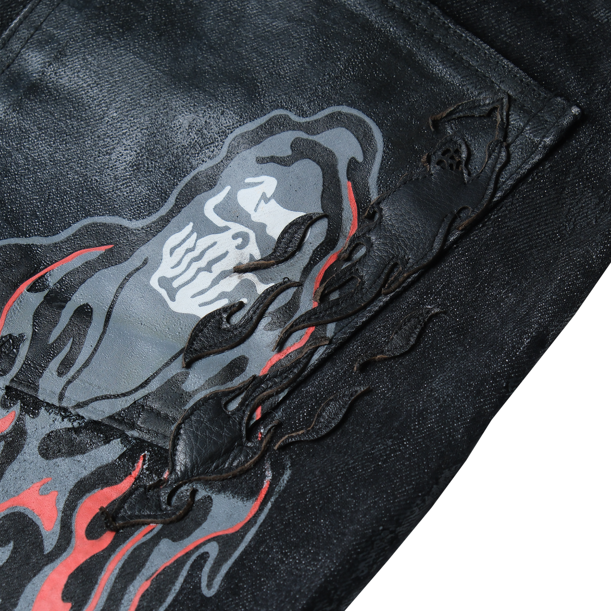 Leather Applique Baggy Printed Jeans - Black Plastisol