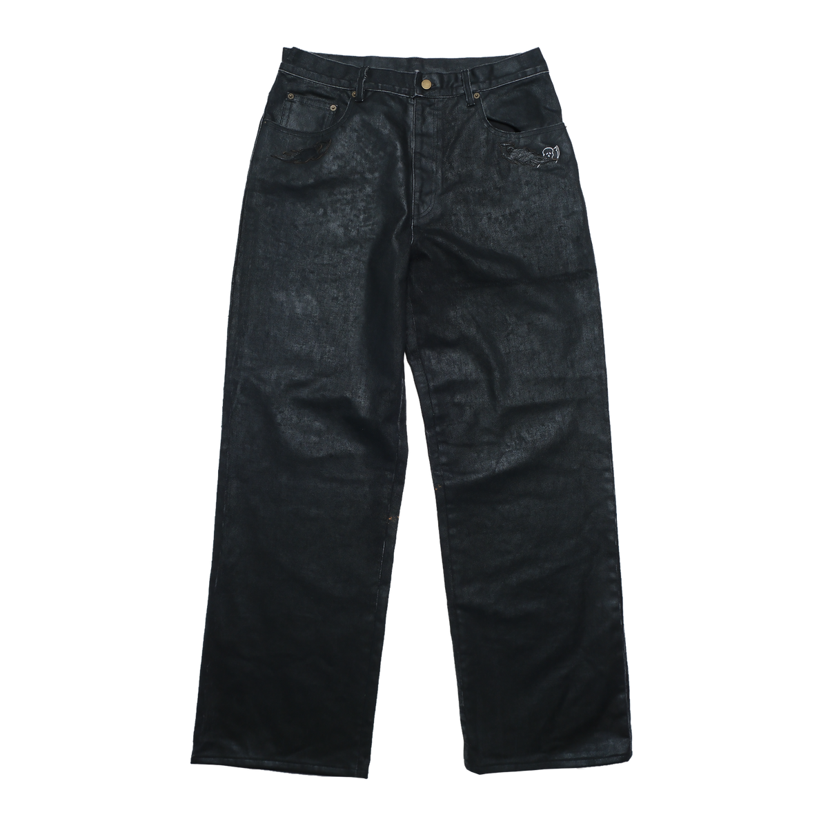 Leather Applique Baggy Printed Jeans - Black Plastisol