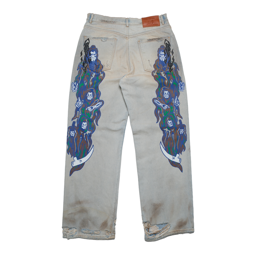 Leather Applique Baggy Printed Jeans - Dirty Blue
