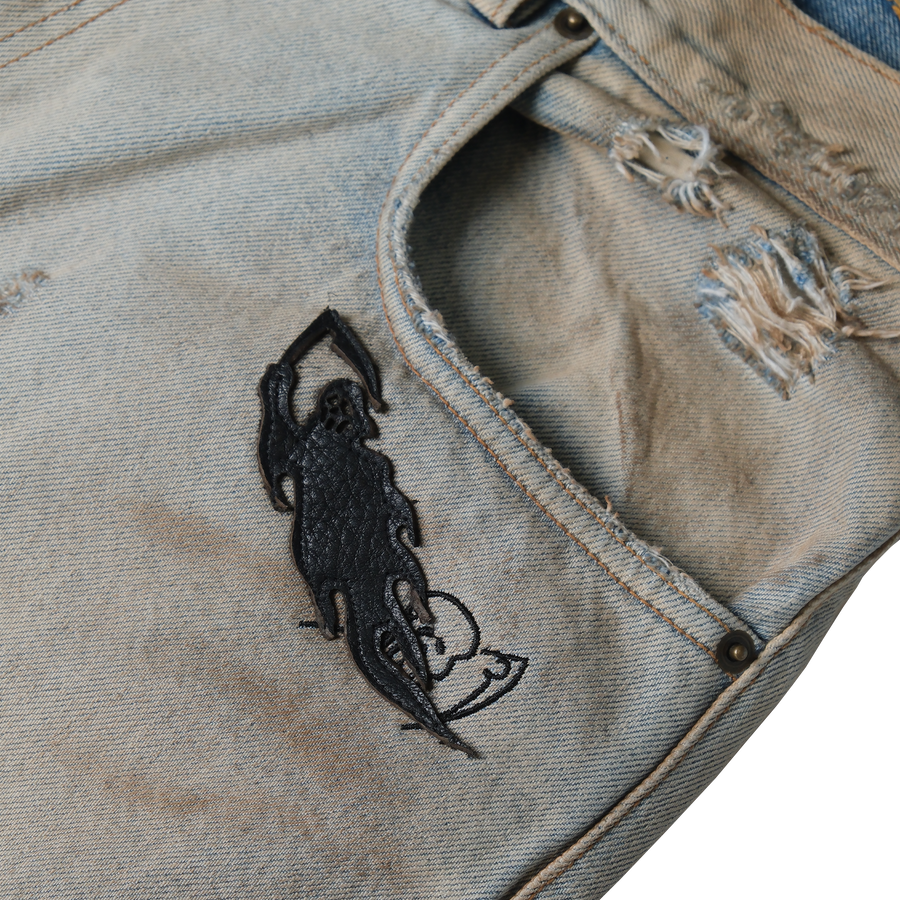 Leather Applique Baggy Printed Jeans - Dirty Blue