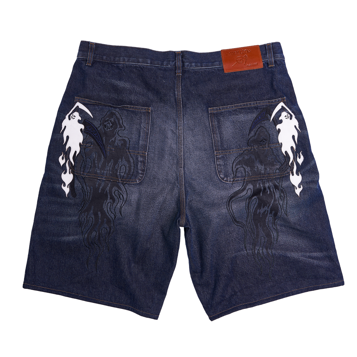 White Reaper Applique Baggy Moto Denim Short - Faded Indigo