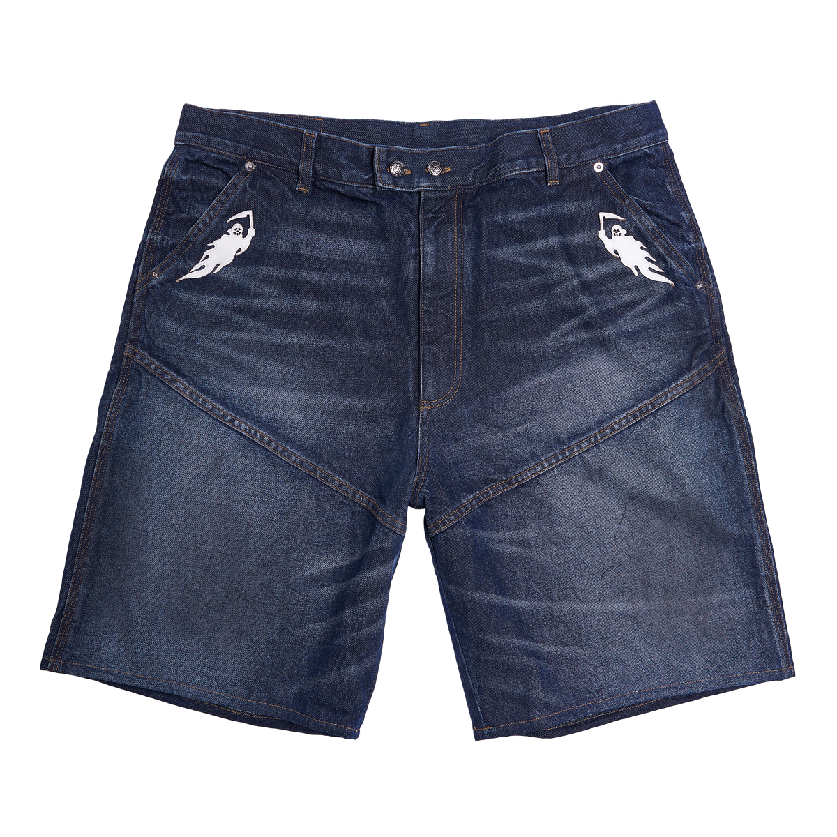 White Reaper Applique Baggy Moto Denim Short - Faded Indigo