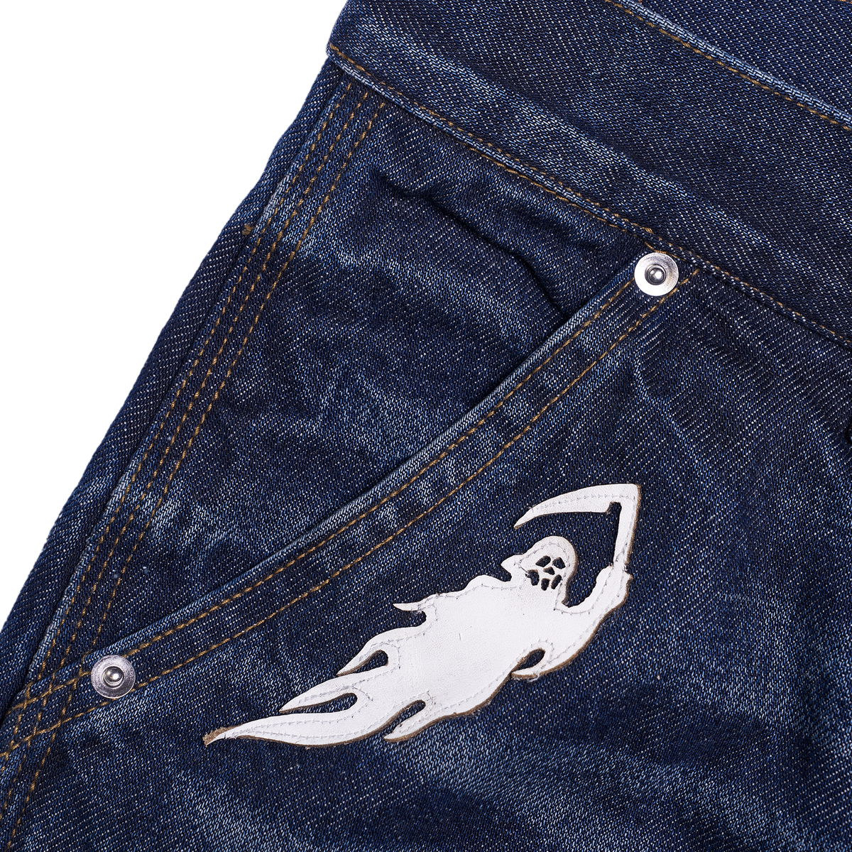 White Reaper Applique Baggy Moto Denim Short - Faded Indigo