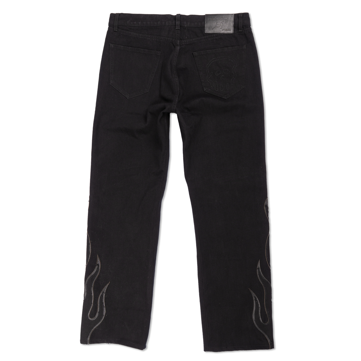 Leather Flame and Reaper Applique Denim Pants - Washed Black
