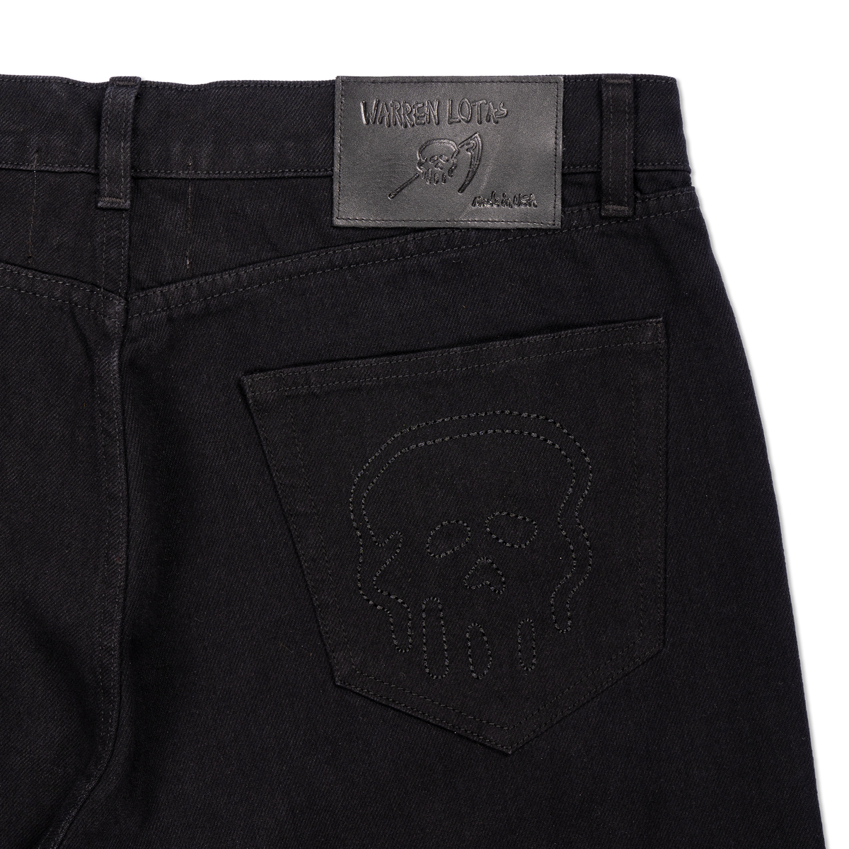 Leather Flame and Reaper Applique Denim Pants - Washed Black