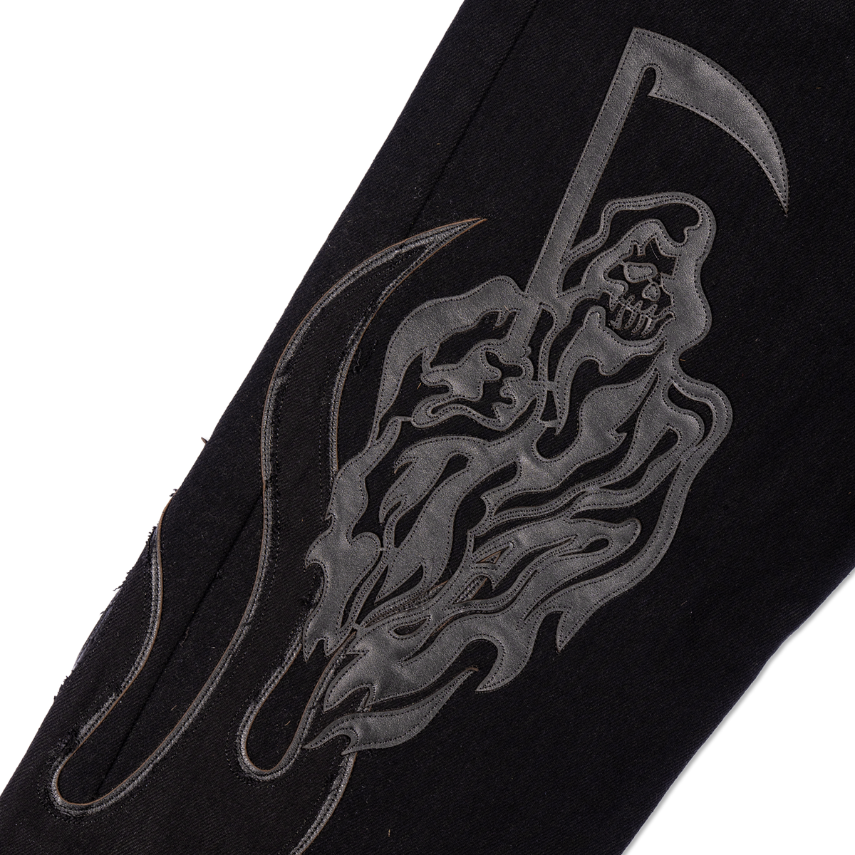 Leather Flame and Reaper Applique Denim Pants - Washed Black