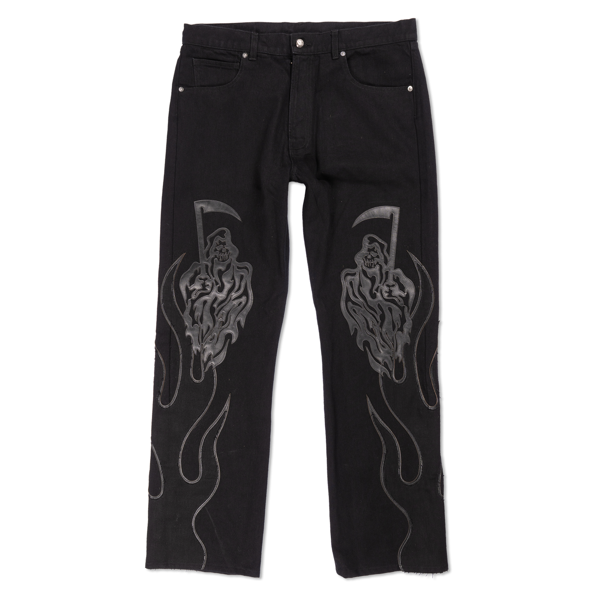 Leather Flame and Reaper Applique Denim Pants - Washed Black