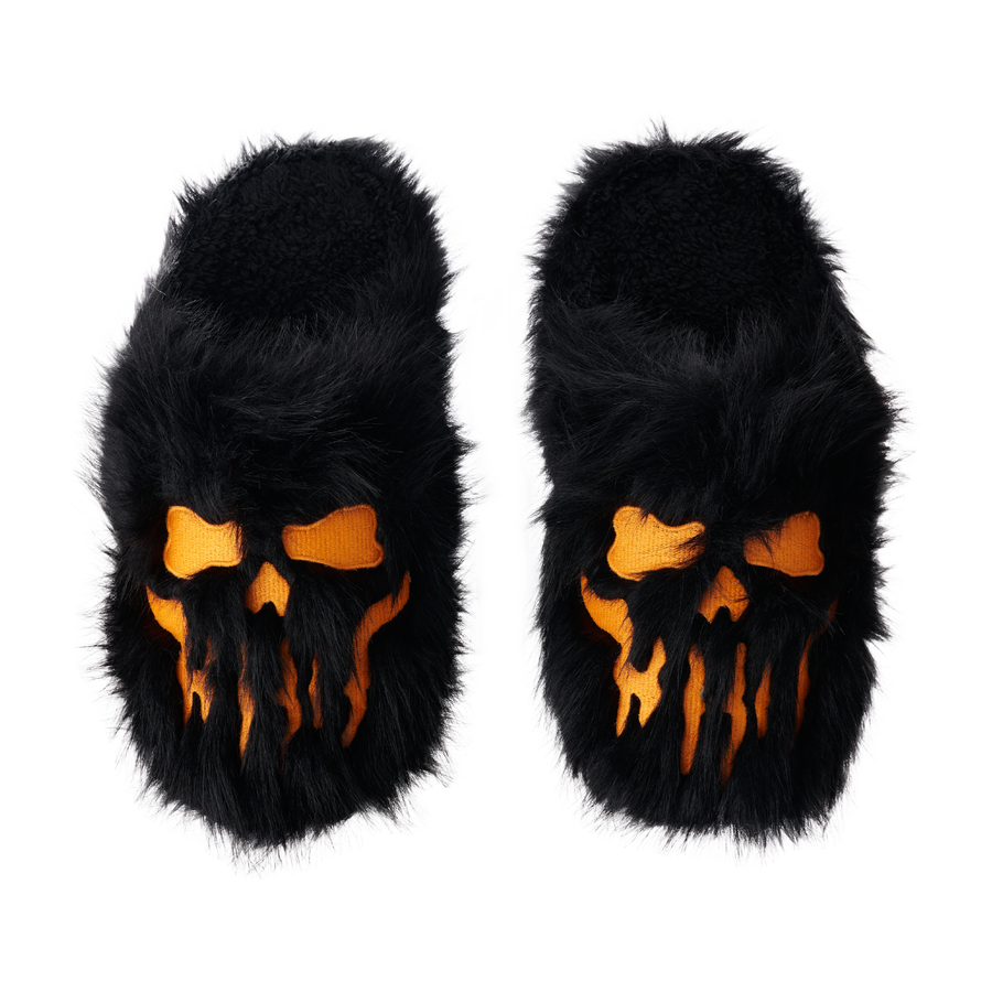 Furry Skull Slippers - Black