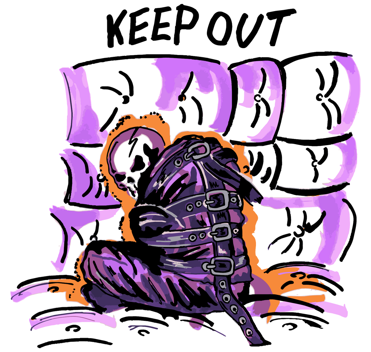 Warren Lotas Archive artwork: two hooded reapers and a flaming skull under pink hearts