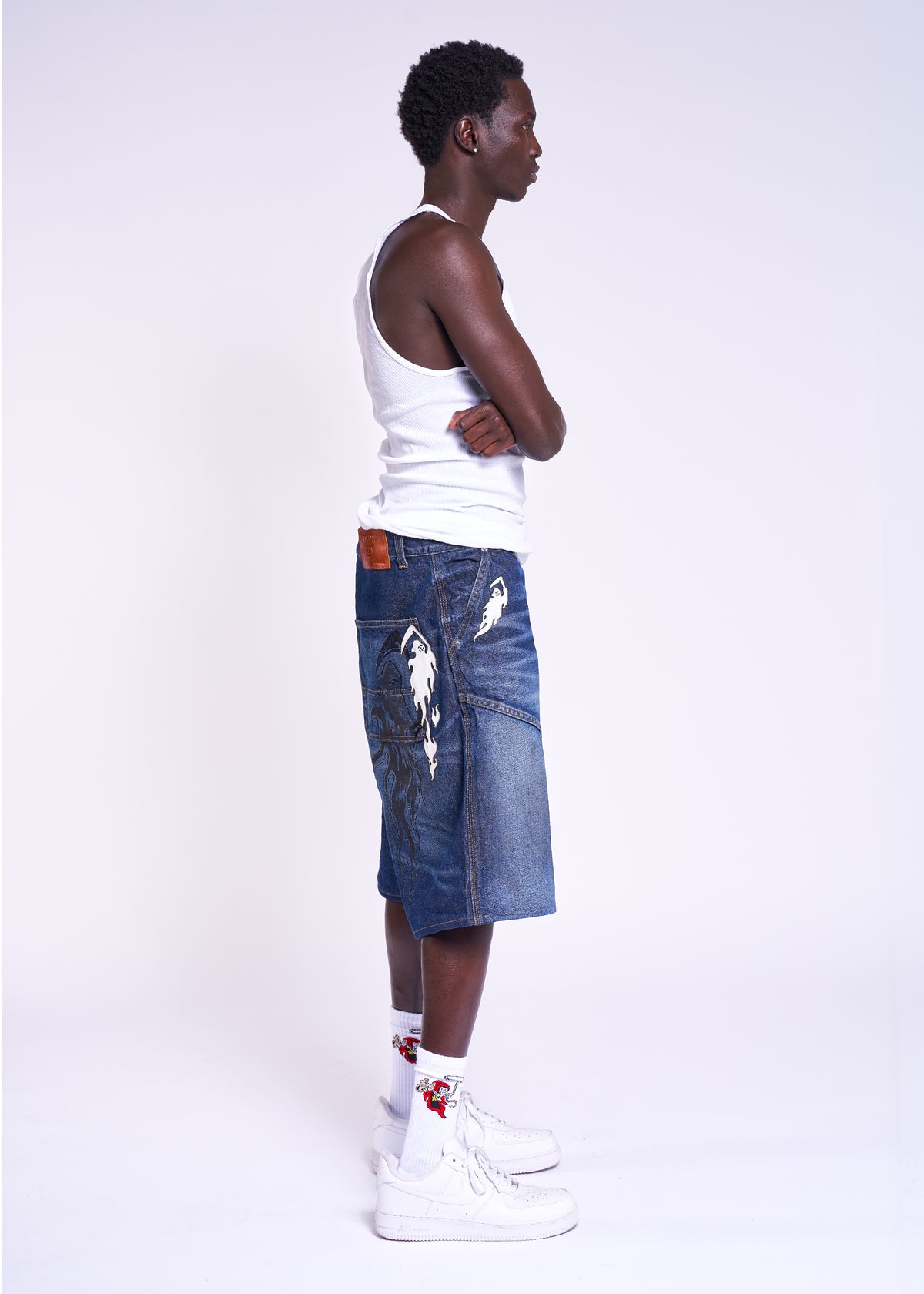 White Reaper Applique Baggy Moto Denim Short - Faded Indigo