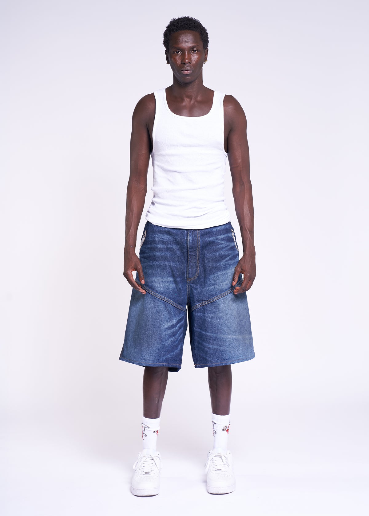 White Reaper Applique Baggy Moto Denim Short - Faded Indigo