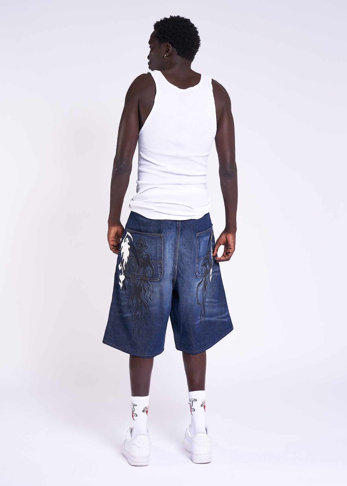 White Reaper Applique Baggy Moto Denim Short - Faded Indigo