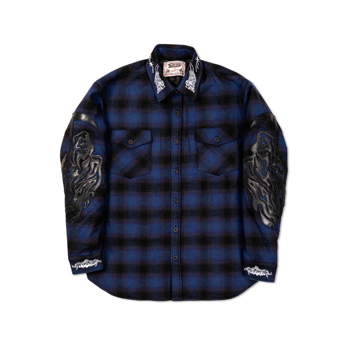 Reaper Appliqué Quilted Lined Japanese Flannel Shirt  - Blue Plaid