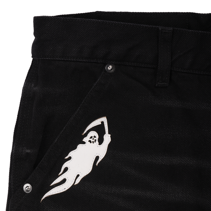Leather Applique Reaper Denim Short - Faded Black
