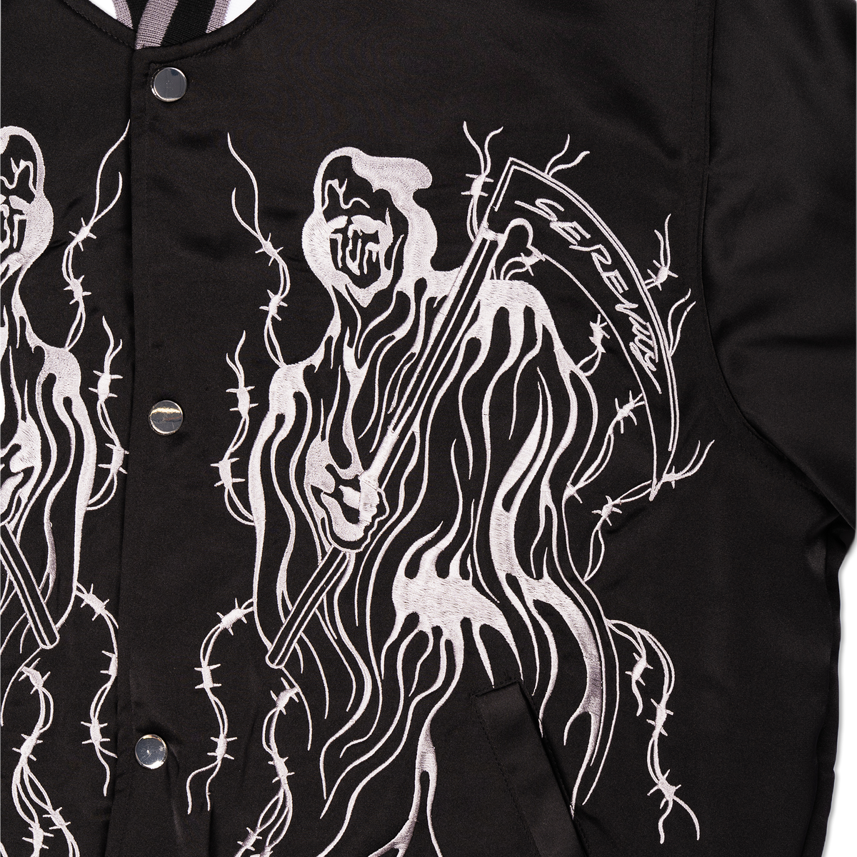 Serenity Reaper Satin Baseball Jacket with Leather Appliques - Black