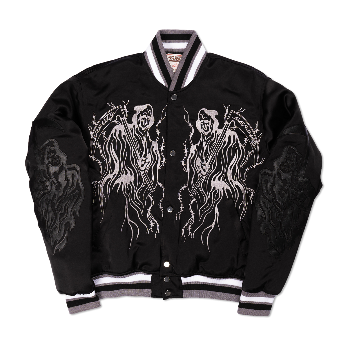 Serenity Reaper Satin Baseball Jacket with Leather Appliques - Black