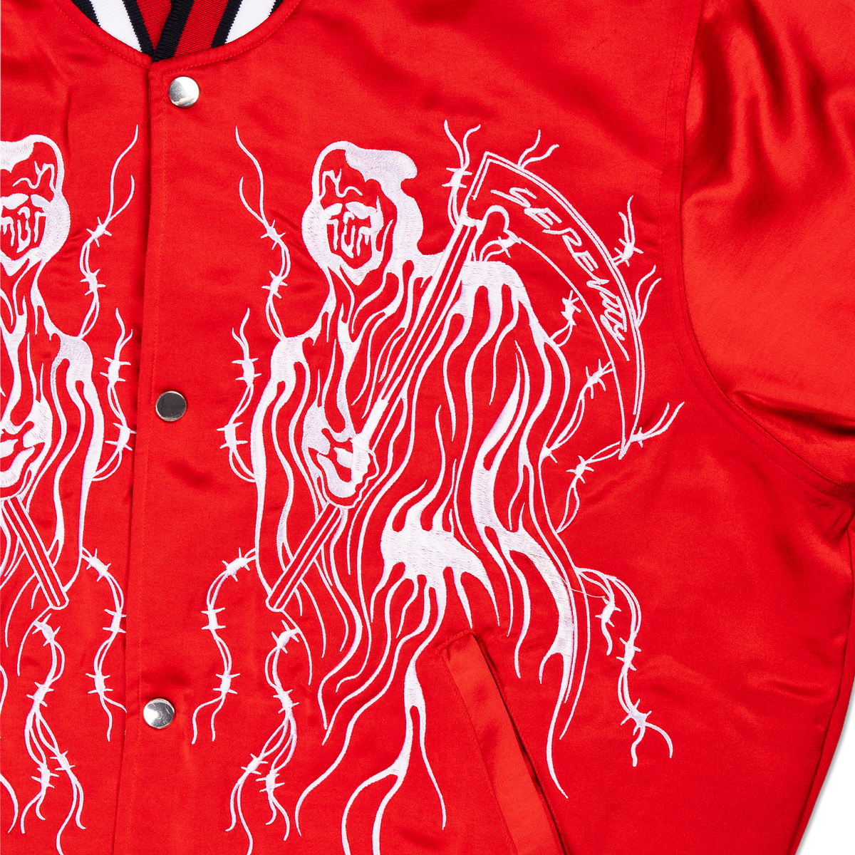 Serenity Reaper Satin Baseball Jacket with Leather Appliques - Red