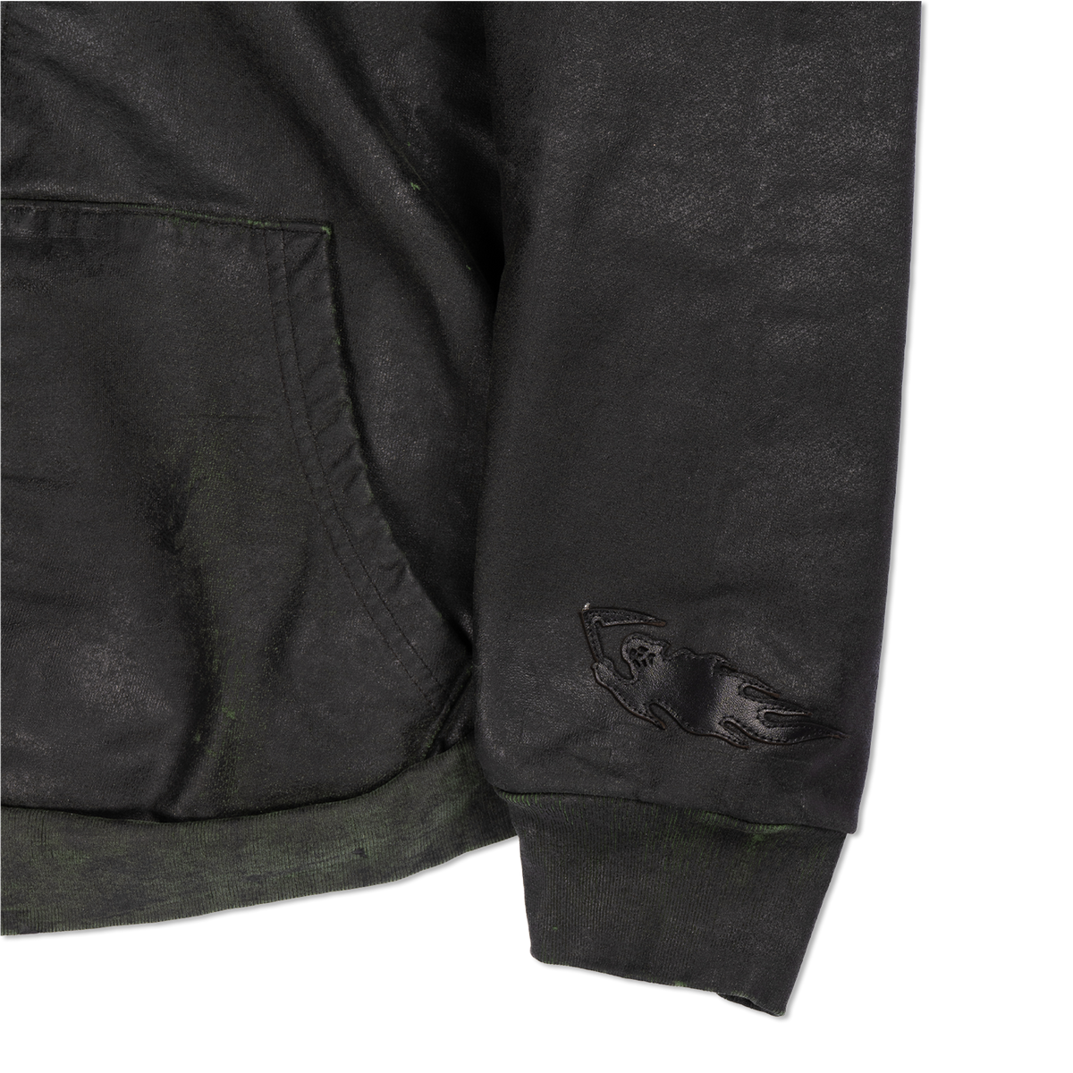 Leather Appliqué Shrunken Hoodie with Embroidered Barbed Wire - Grinch Green/Black