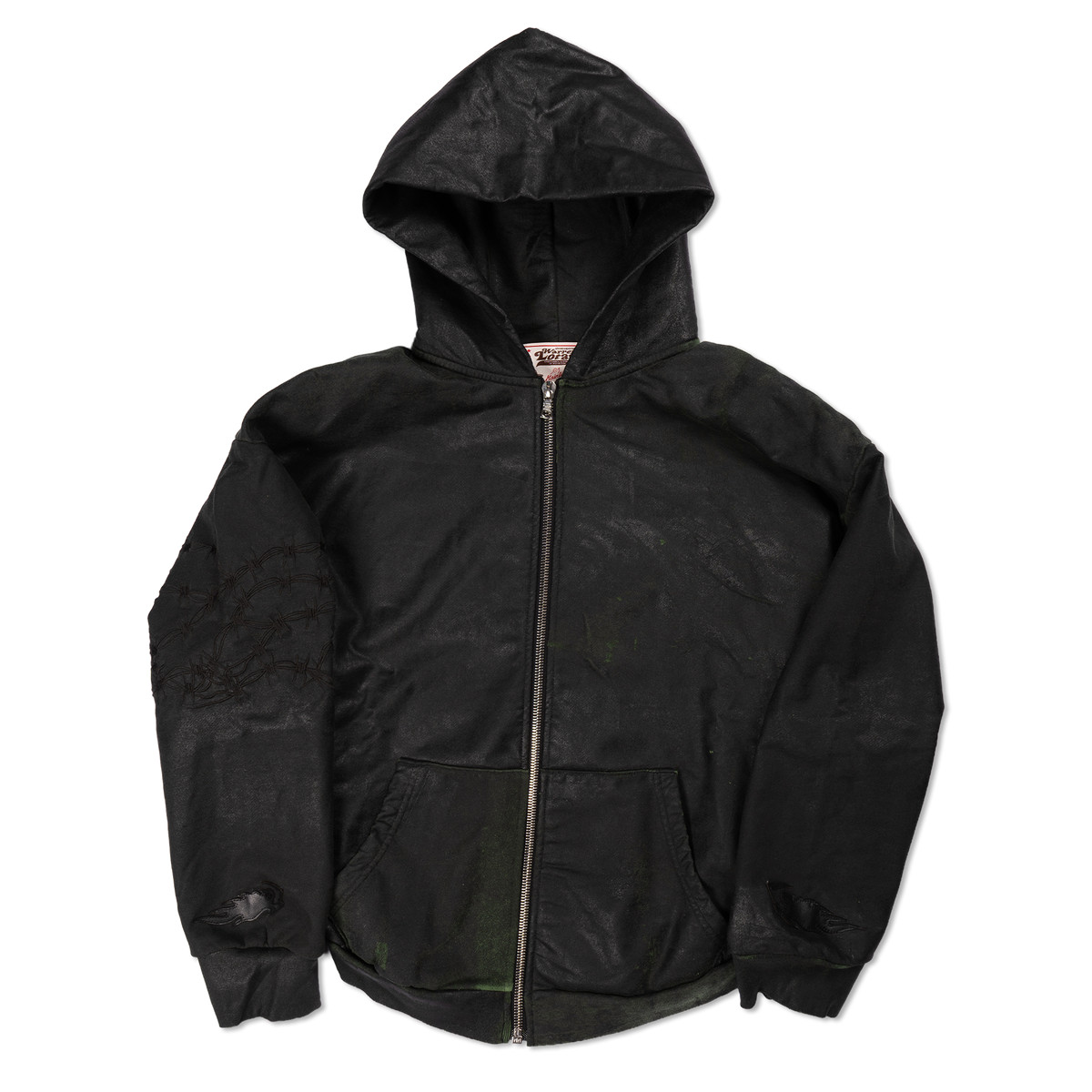 Leather Appliqué Shrunken Hoodie with Embroidered Barbed Wire - Grinch Green/Black
