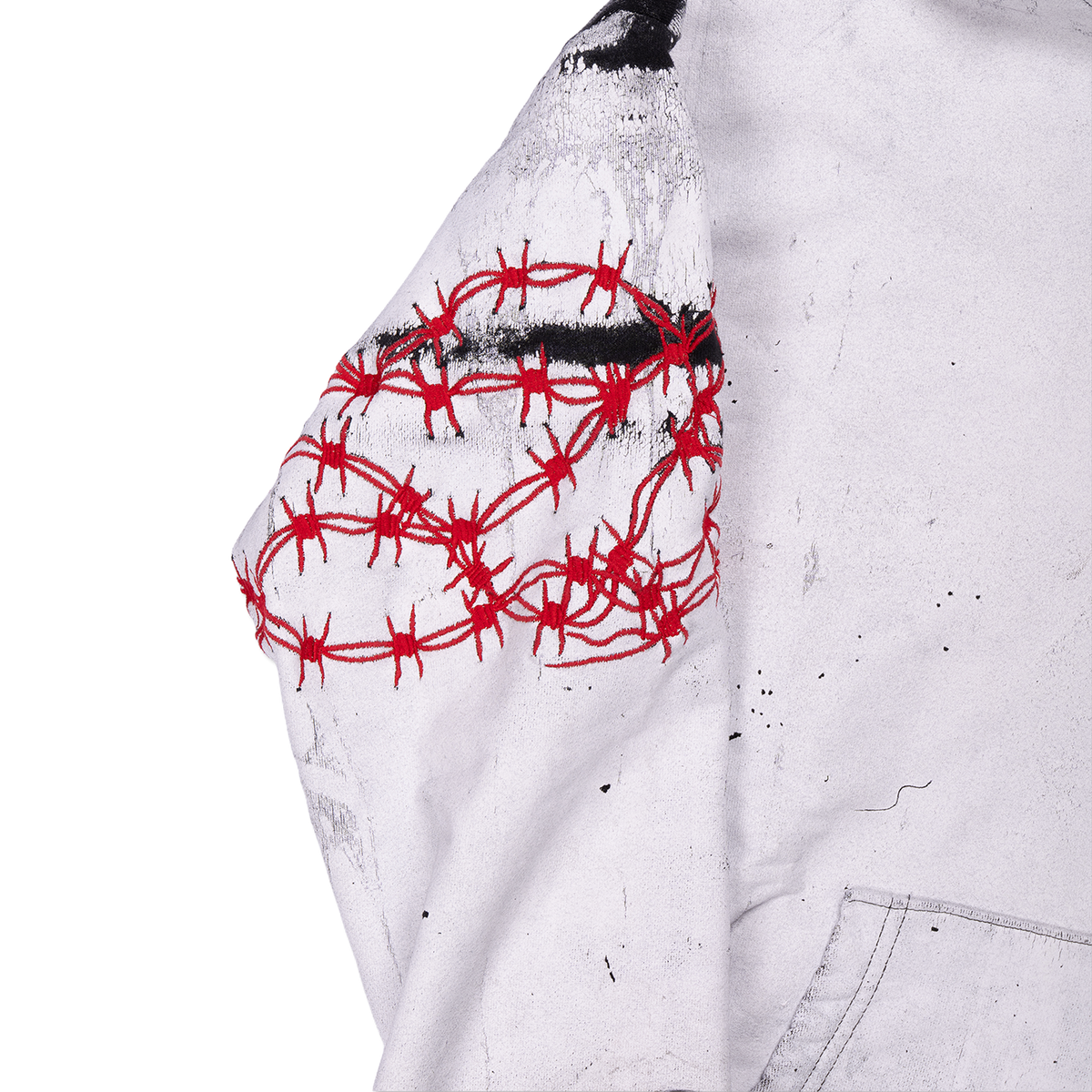 Leather Appliqué Shrunken Hoodie with Embroidered Barbed Wire - White/Black