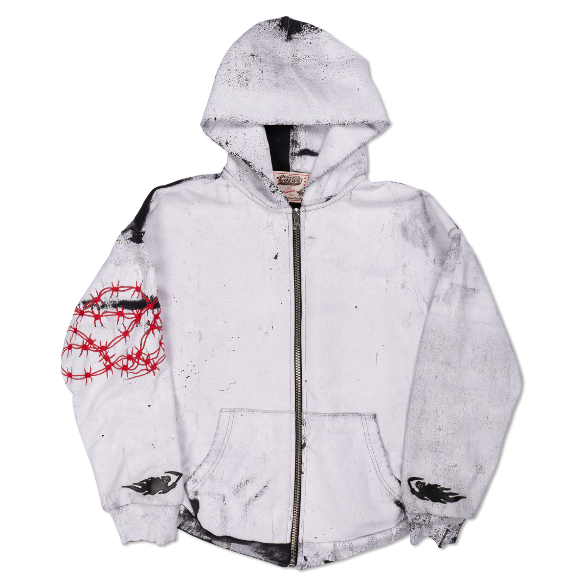 Leather Appliqué Shrunken Hoodie with Embroidered Barbed Wire - White/Black