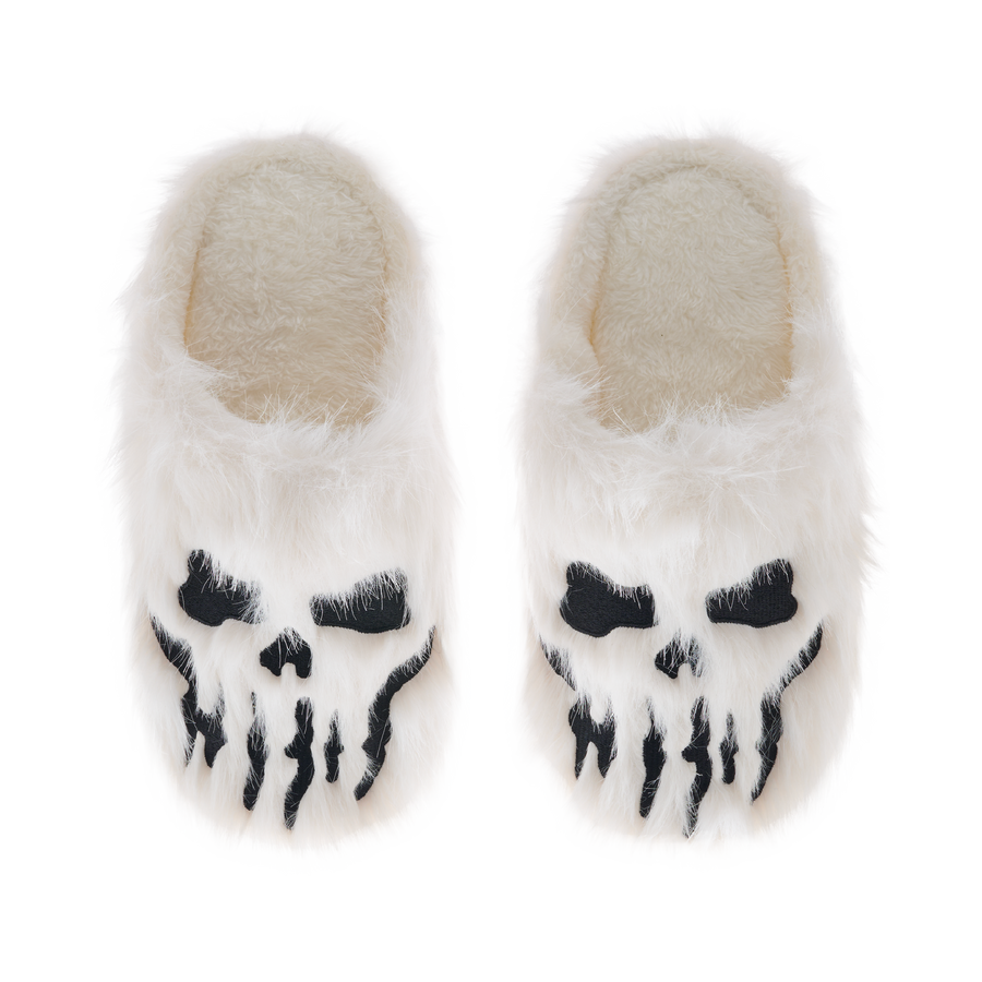 Furry Skull Slippers - White