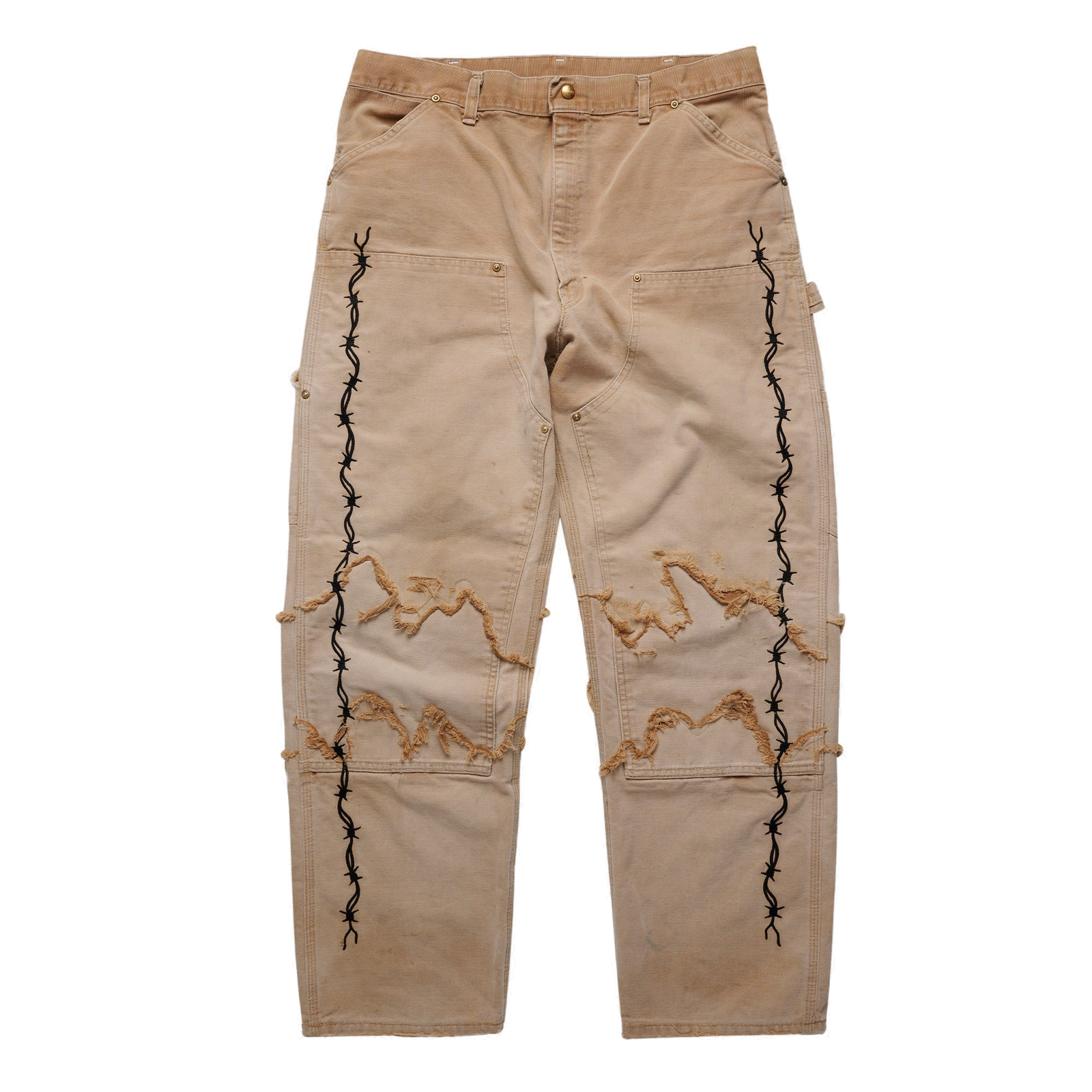 Barbed Wire Reconstructed Vintage Carhartt Double Knee Pants - Tan - clean background