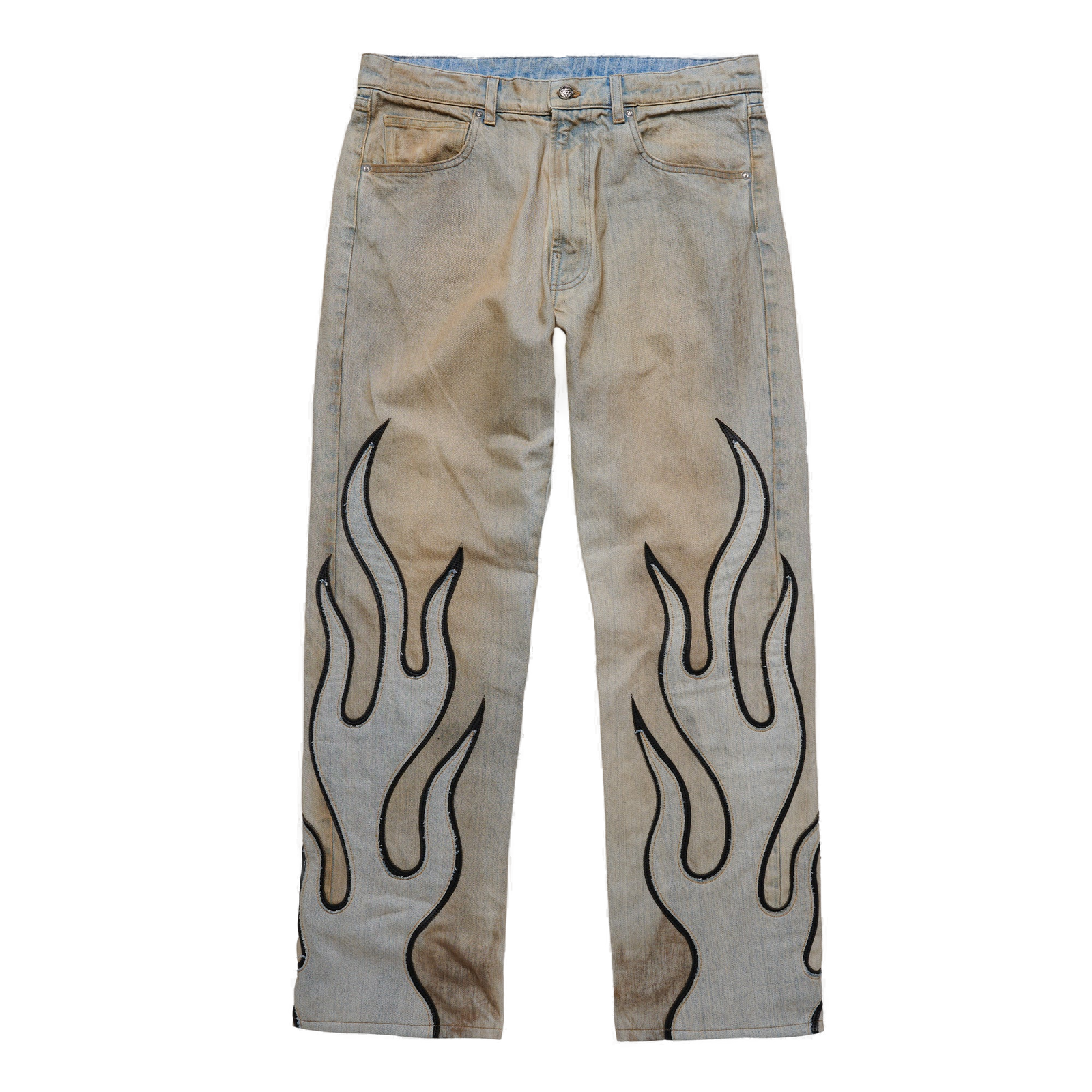 Flame Leather Appliqué Denim Pants - Dirty Blue - clean background