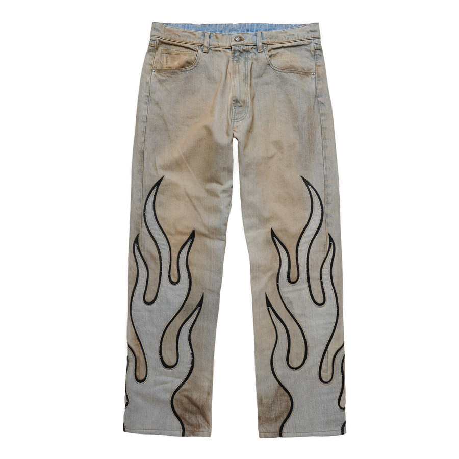 Flame Leather Appliqué Denim Pants - Dirty Blue - clean background