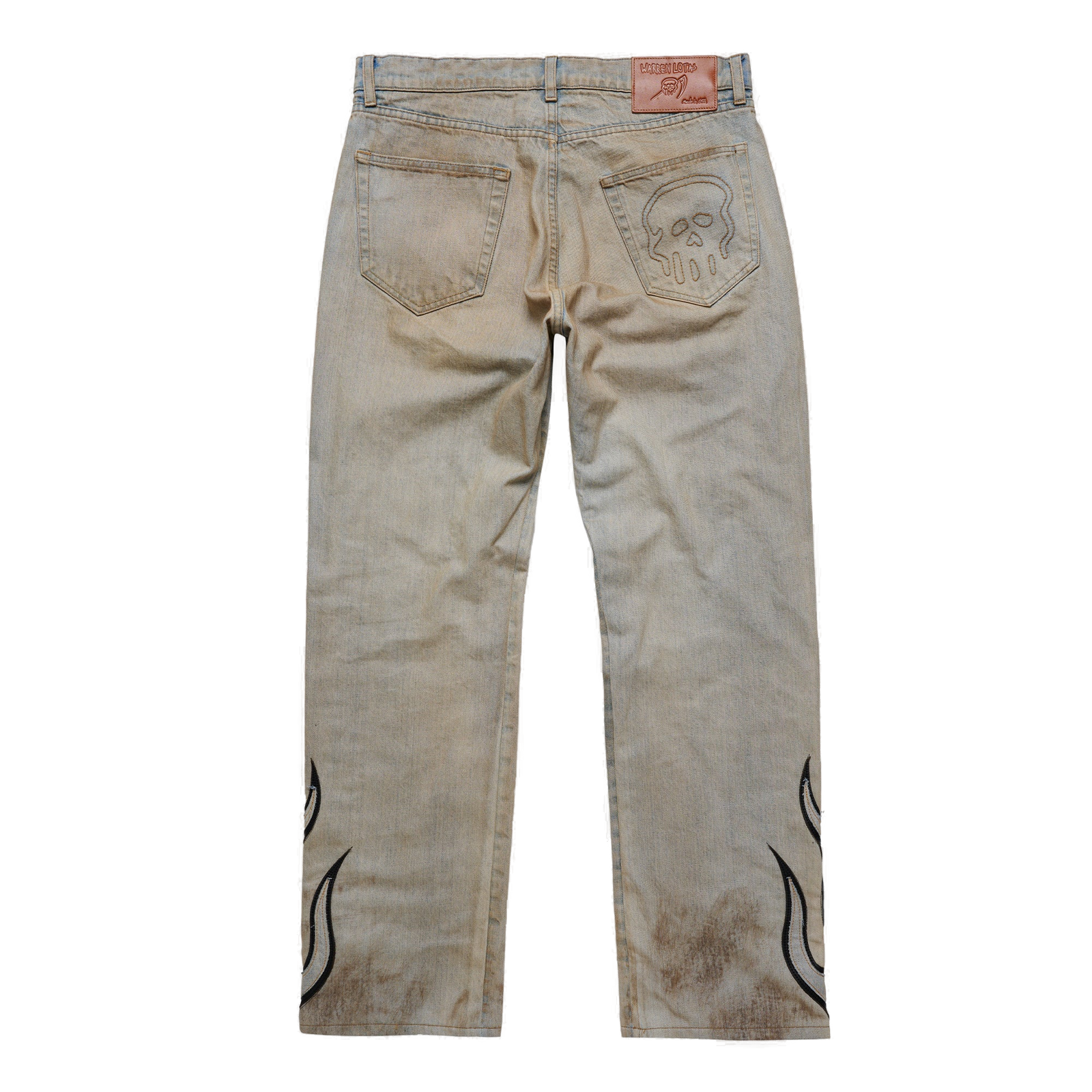 Flame Leather Appliqué Denim Pants - Dirty Blue - clean background