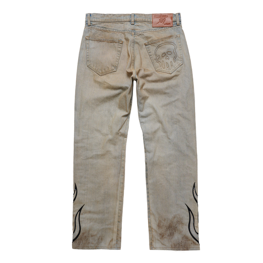 Flame Leather Appliqué Denim Pants - Dirty Blue - clean background