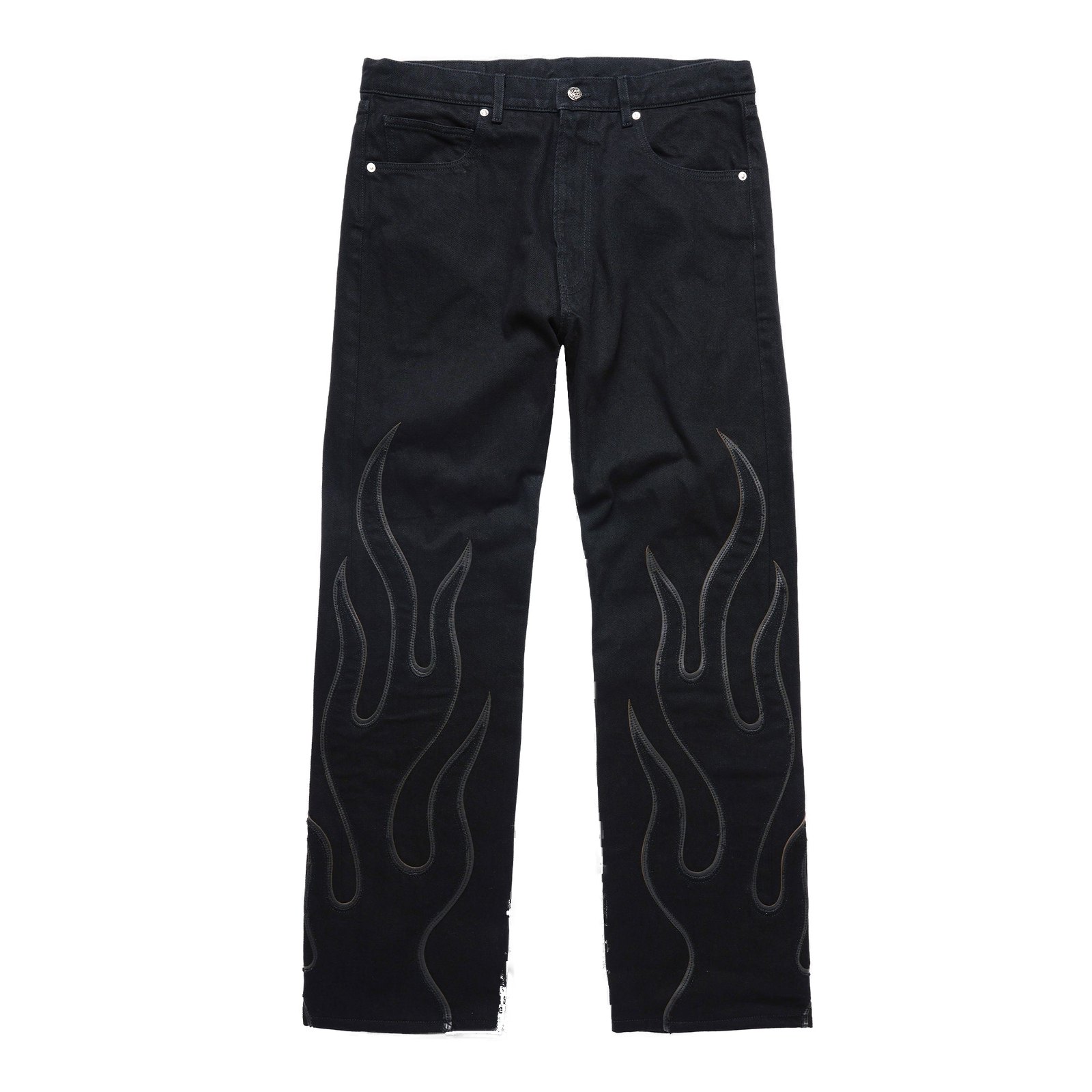 Flame Leather Appliqué Denim Pants - Washed Black - clean background