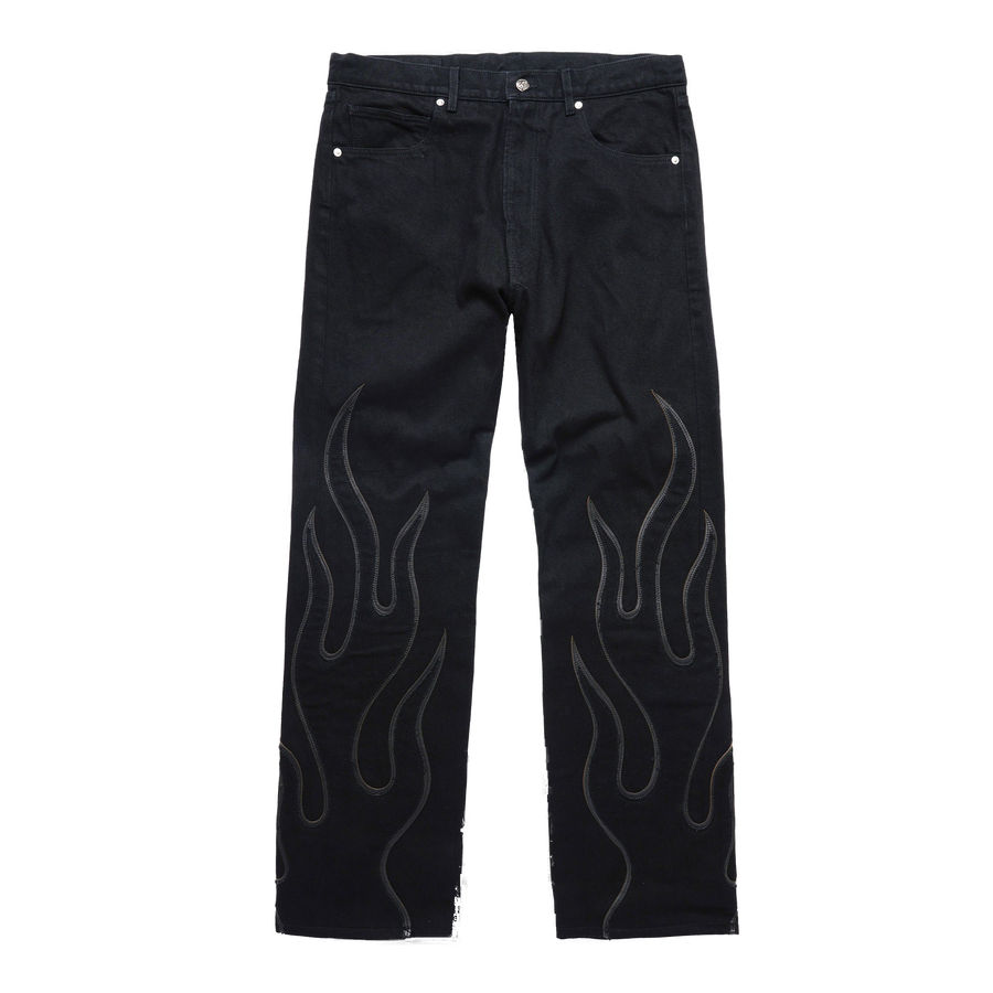 Flame Leather Appliqué Denim Pants - Washed Black - clean background