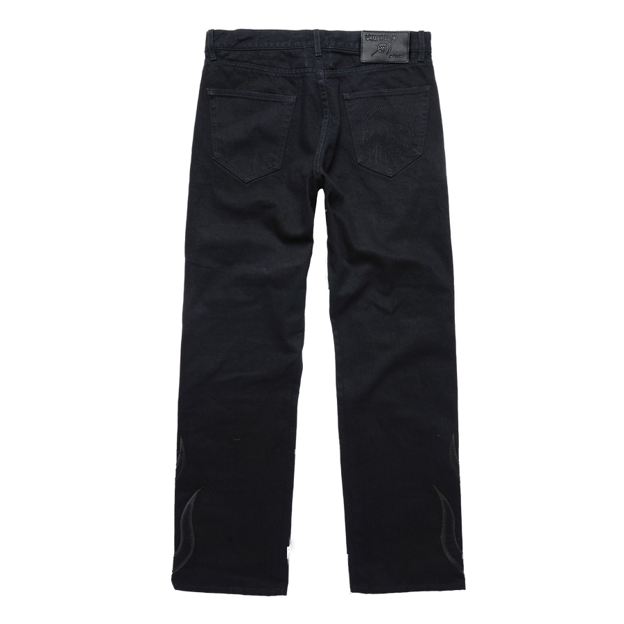 Flame Leather Appliqué Denim Pants - Washed Black - clean background