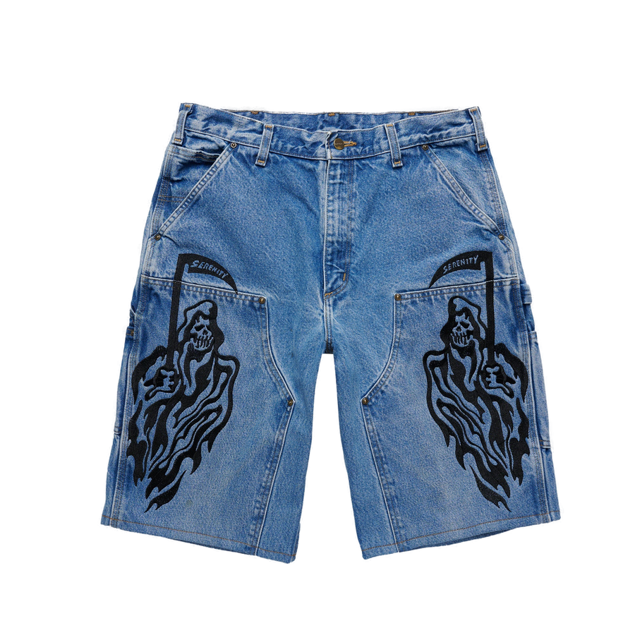 Serenity Vintage Carhartt Double Knee Shorts - Blue Denim/Black - clean background
