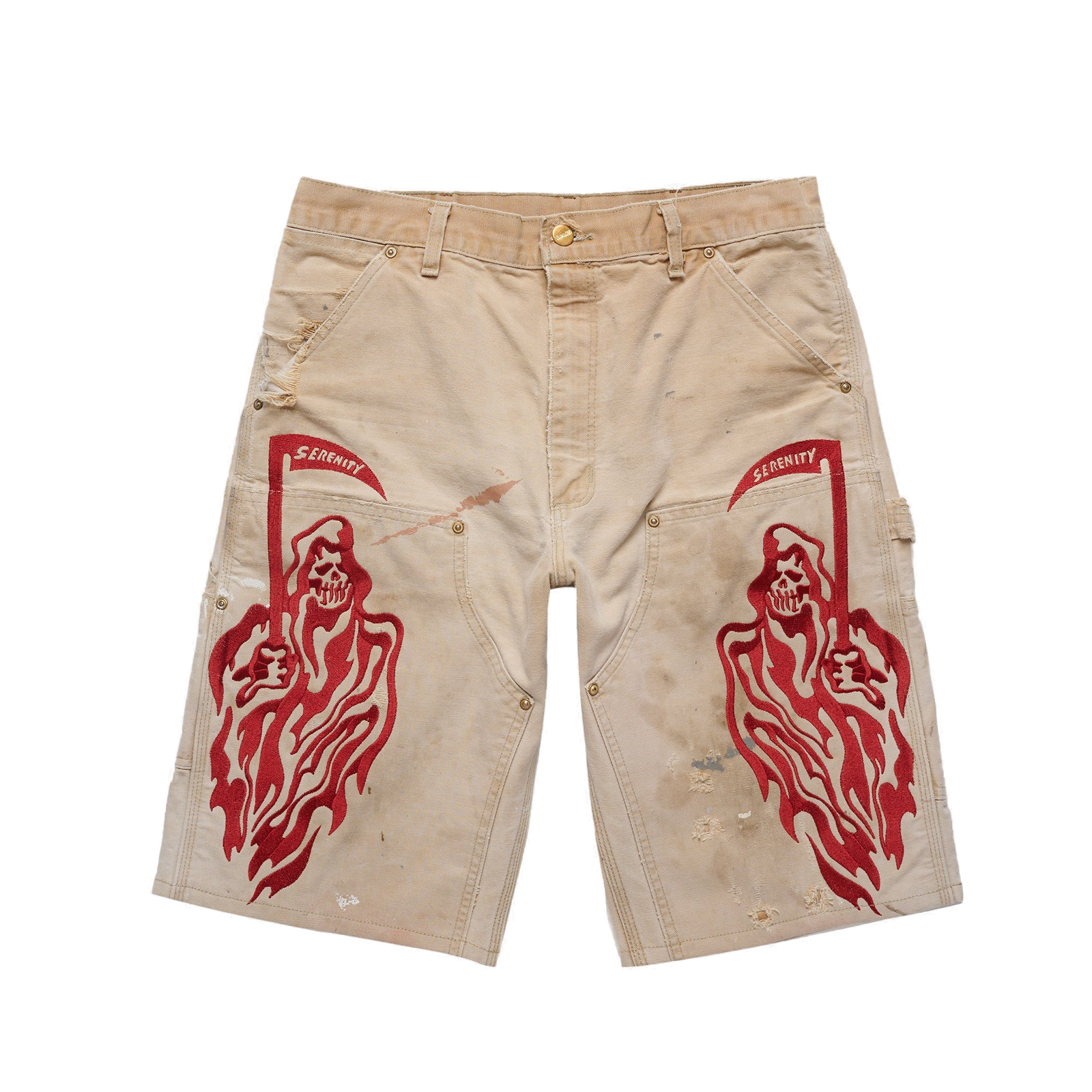 Serenity Vintage Carhartt Double Knee Shorts - Tan/Cardinal - clean background